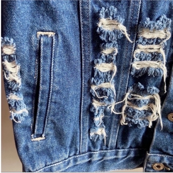 Furst of a Kind LF jacket denim distressed destroyed patches red plaid rework - Picture 5 of 9
